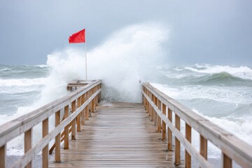 Fototapeta premium Big ocean waves crashing on wooden pier with red flag during storm