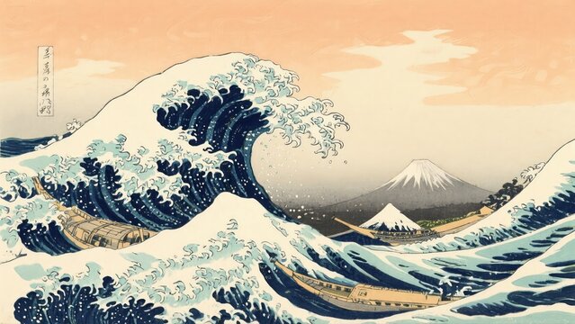 The great wave and Mount Fuji at dawn in traditional ukiyo-e Japanese painting style