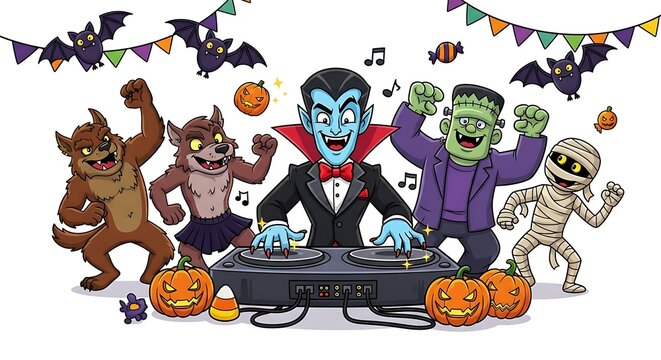 Cartoon halloween party with monsters dancing around a dj vampire with bats and pumpkins hanging above
