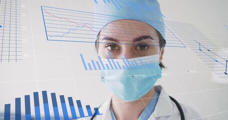 On eye opening doctor turning head to camera in medical clinic, with graph overlays showing metrics - Powered by Adobe