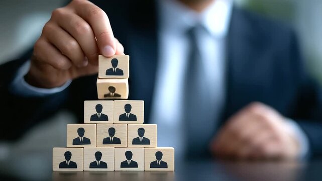 Corporate scene showing executive arranging wooden pegs labeled with employee roles into a hierarchical pyramid, visualizing team building and career planning