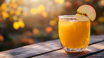 Fresh apple juice in glass garnished with slice of apple, on a wooden surface, against a background of yellow and orange autumn leaves.