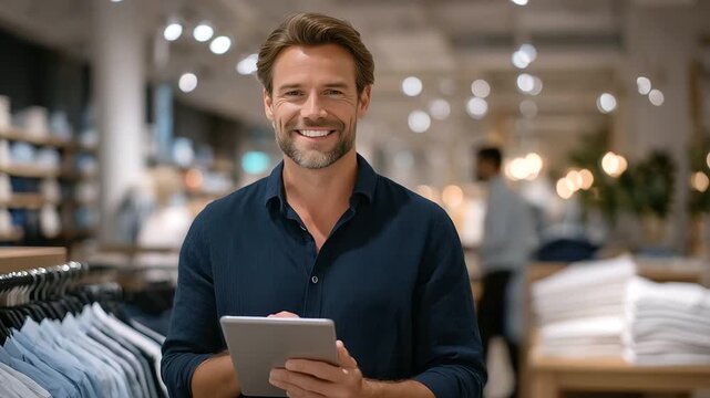 Bearded retail employee in smart casual outfit holds tablet while standing beside organized clothing racks in boutique store, checking online orders on sleek digital interface