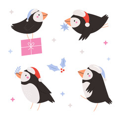 Cute Christmas Puffins in Santa Hats. Winter Holiday Cartoon Birds Collection.