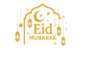 Eid Mubarak greeting design with golden lanterns, crescent moon and stars. Islamic holy month festival celebration for Eid al-Fitr or Eid al-Adha. Religious vector illustration.