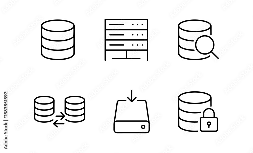 Poster database icons: linear style security, sharing, and storage concepts