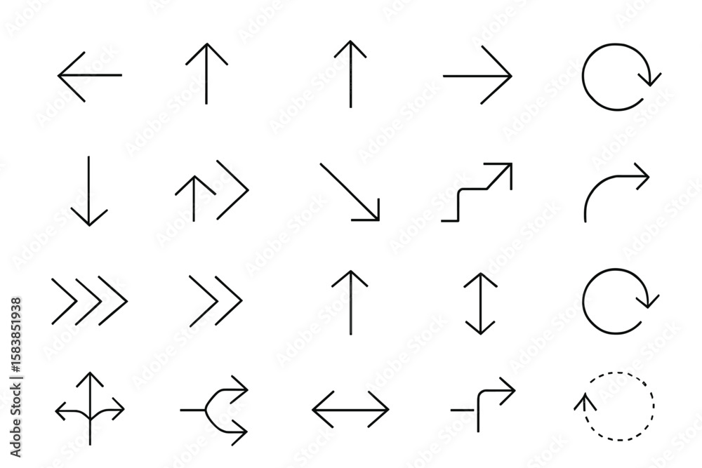Poster arrows icon set with editable stroke. black thin line arrow collection for web and app navigation. v