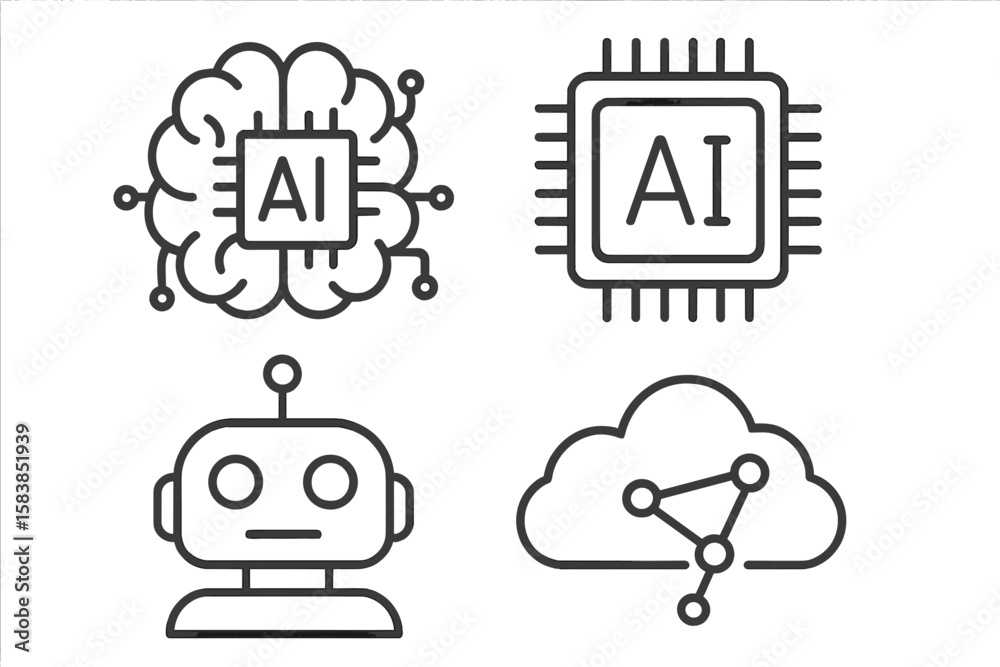 Poster artificial intelligence line icon set. ai technology outline pictograms for web and mobile app. mach