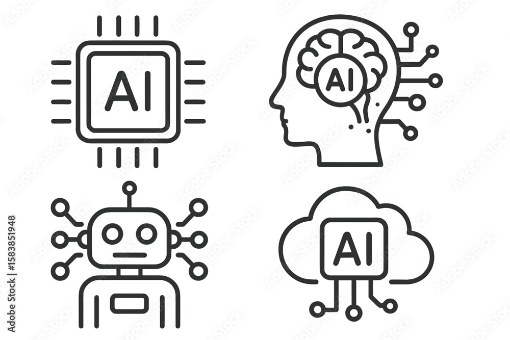 Poster artificial intelligence line icon set. ai technology concept for web and mobile. includes robot, mac