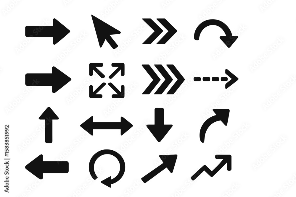 Poster big set of black vector arrows. collection of different arrow icons. modern simple cursors and point