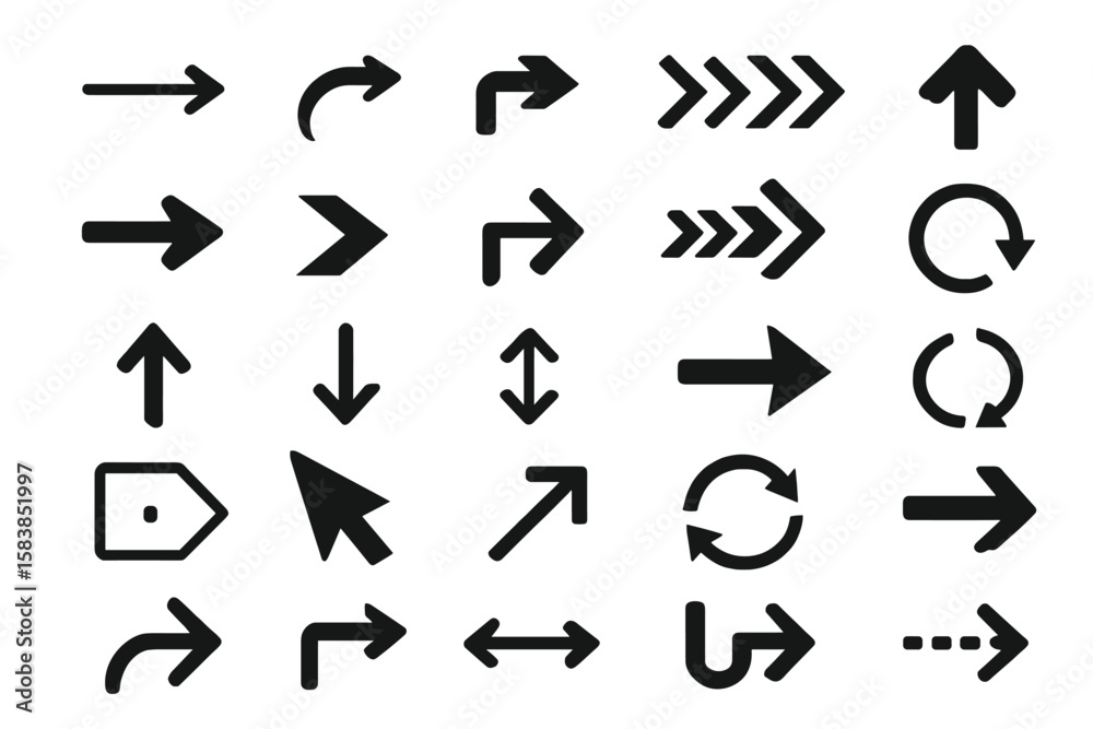 Poster black vector arrows collection. big set of different arrow icons, cursors, and pointers for web desi