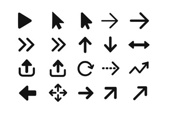 Black vector arrows collection. Set of simple modern flat style icons for web design and user interface. Navigation, cursor, pointer, upload, and direction signs for apps.