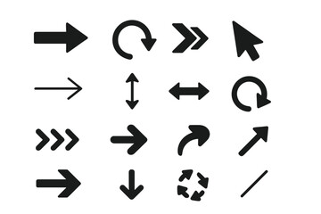 Black vector arrows collection. Modern simple arrow icon set for web design and user interface. Cursor, pointer, refresh, and direction symbols in flat style for apps.
