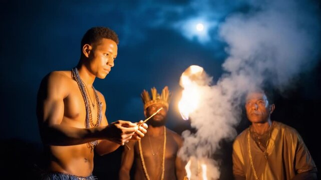 Indigenous man starting fire with sticks at night ceremony