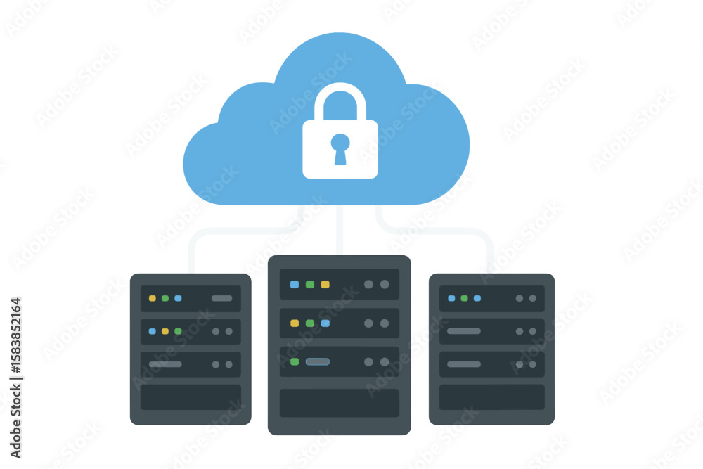 Poster cloud data storage and hosting servers connected to a secure network. online cloud computing and inf