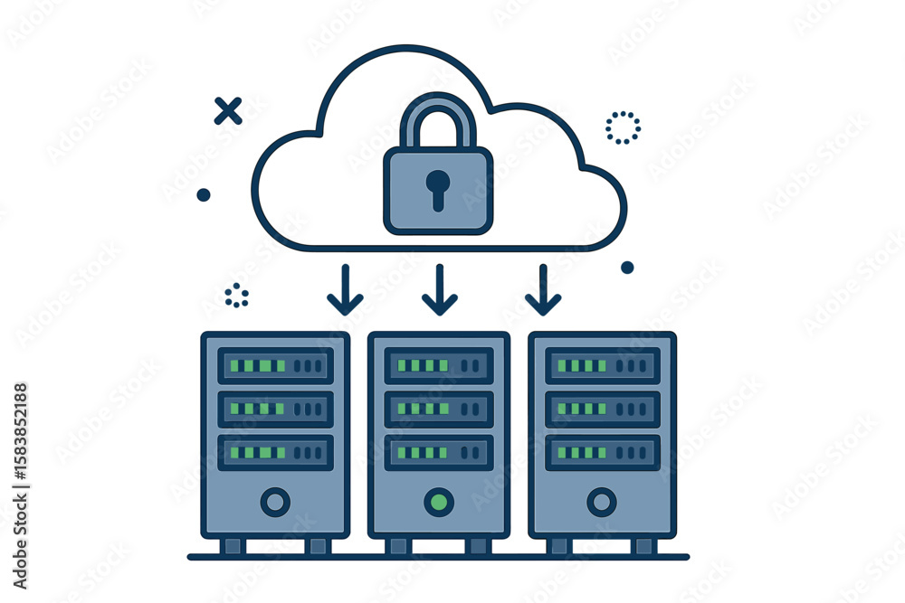 Poster cloud data storage and secure hosting concept. server racks in a data center connected to an online 