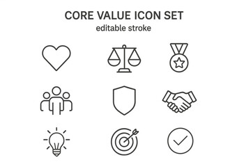 Core values icon set. Business ethics and principles symbols. Thin line vector icons for mission, vision, and integrity. Includes passion, teamwork, quality, and trust concepts.