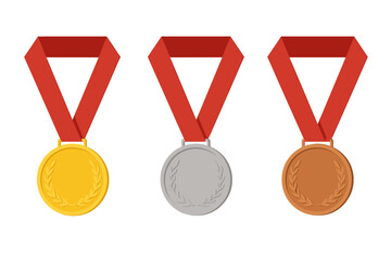 Gold, silver, and bronze medal set with red ribbons, award medals vector illustration for graphic design, apps, websites, transparent background, sports achievement, prize icons