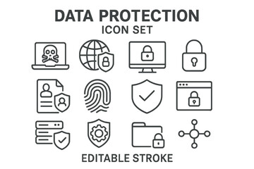 Cyber security and data protection thin line icon set. Vector symbols of privacy, hacking, network security, biometrics, and gdpr. Editable stroke web signs collection.