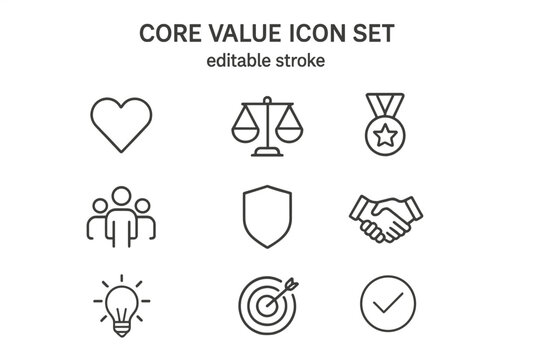 Core values icon set. Business ethics and principles symbols. Thin line vector icons for mission, vision, and integrity. Includes passion, teamwork, quality, and trust concepts.