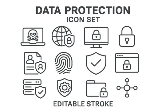 Cyber security and data protection thin line icon set. Vector symbols of privacy, hacking, network security, biometrics, and gdpr. Editable stroke web signs collection.
