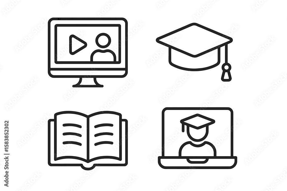 Fototapete Education and e-learning line icon set. Vector symbols for online courses, university study, and graduation. Includes webinar, video tutorial, and knowledge concepts.