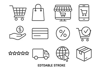 Vector e-commerce thin line icon collection. Online shopping, retail business symbols. Features delivery, payment, cart, rating stars. Editable stroke illustration.