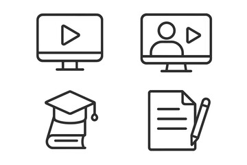 E-learning line icon set for online education. Webinar, video tutorial, knowledge, study symbols. School, university concepts for web and mobile app design. Editable stroke.