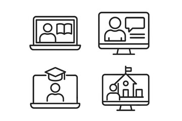 E-learning icon set in thin line style. Online education and distance learning concept. Icons for video tutorial, webinar, online course, digital graduation, virtual school.