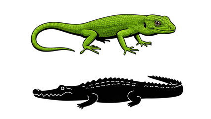 Fototapeta premium Green lizard with textured skin and black crocodile silhouette, perfect for wildlife graphics and reptile themed projects.