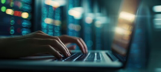 The hands typing on a laptop in a modern server room environment.
