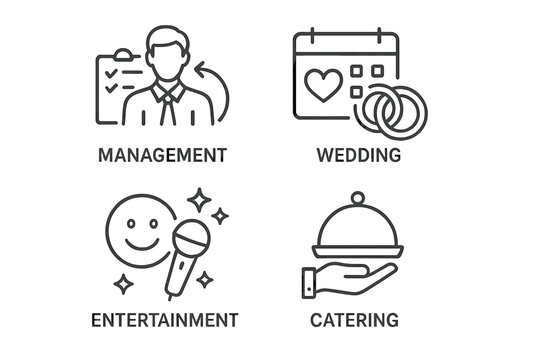 Event planning and management services icon set. Thin line vector pictograms for wedding organization, party entertainment, and food catering for web and mobile apps.