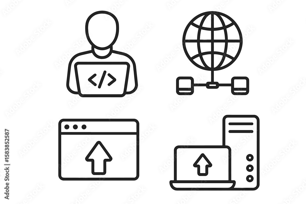 Poster Modern Information Technology Line Icons Set – Programmer, Global Network, Website Upload, Computer Devices, Coding, Internet Progress, Web Development, Digital Communication, Tech Devices