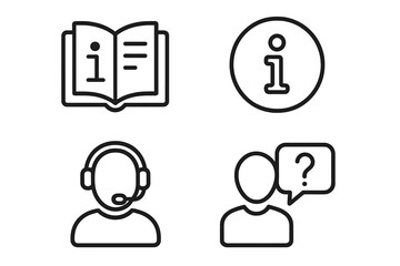 Information and Help Desk Web Icons Set. Line Style Vector Symbols for User Manual, Guidebook, Customer Support, Reference, FAQ, Assistance, and Info Center for Web and Mobile Apps