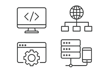 Modern Information Technology Line Icons Set. Web Development, Programming, Internet Network, Website Optimization, Server, Mobile Device, Cloud Computing, Digital Technology, UI/UX, Data Management