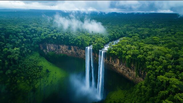 A beautiful waterfall surrounded by lush green trees. The sky is cloudy, but the waterfall is still a stunning sight