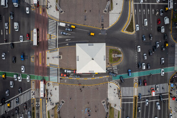 Aerial view of the Obelisk of Buenos Aires and 9 de Julio Avenue in the center of the city. The...