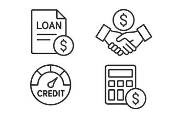 Loan and Credit Line Icons Set. Financial Agreement, Money Lending, Credit Score, Business Loan, Leasing, Interest Rate, Calculator. Modern Web Finance Symbols Collection.