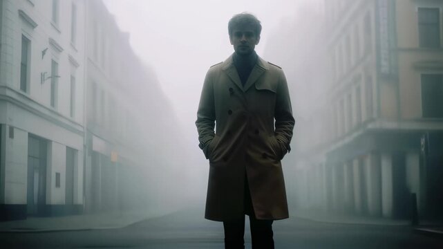 Man in long coat walking through foggy city street. Moody urban scene with mysterious atmosphere. Cinematic shot of lone figure in misty alley for film noir or detective story