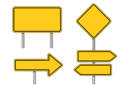 Blank Yellow Road Traffic Signs Set. Vector Illustration of Empty Directional Arrow, Warning Diamond, and Rectangle Boards. Space for Text. Isolated Transparent PNG. Highway Sign Collection.