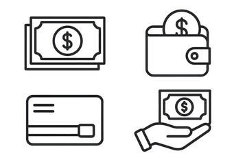 Money and Finance Line Icons Set. Payment Methods, Cash, Dollar, Credit Card, Wallet, Banking, Business, Financial Transactions, Commerce, Savings, Currency, Web and Mobile App Design