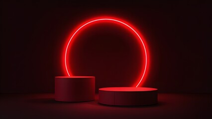 Abstract neon background with pedestal. 3d podium with red neon circle. Abstract background for promotion goods. Vector illustration with blank space. Minimal concept banner. Mockup template.