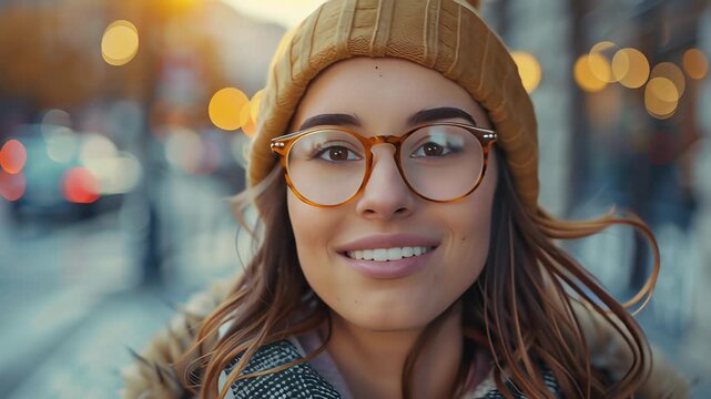 A woman wearing a yellow hat and glasses is smiling. She is standing on a street with cars and people around her
