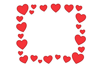 Valentine's Day red hearts frame border. Romantic love symbol illustration. Cute cartoon design element for greeting card, wedding invitation, on transparent background.