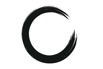 Hand-Drawn Black Ink Brushstroke Circle. Japanese Zen Enso Symbol. Artistic Grunge Circular Frame. Abstract Painted Round Brush Swirl. Minimalist Ink Wash Design. Vector Art on Transparent Background.