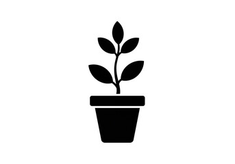 A simple black silhouette of a plant with leaves in a pot on a plain white background view