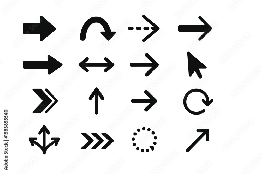 Poster black vector arrows collection. big set of different arrow icons. modern simple cursors and signs fo