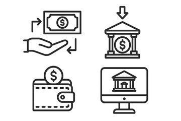 Banking and finance line icon set. Money transaction, bank deposit, digital wallet, online banking icons. Business and financial symbols for web and mobile app design.