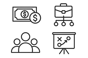 Business finance vector line icon set. Money, cash, payment. Briefcase, corporate structure, management. Teamwork, group, people. Presentation, board, strategy, planning.