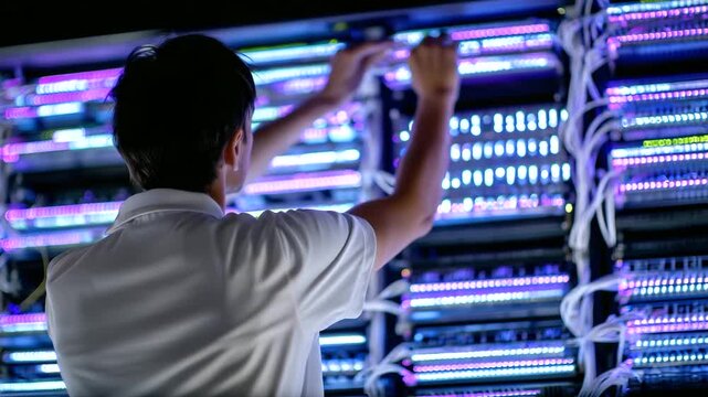 Technician works late-night shift under neon lighting, his reflection visible on polished server glass panels as he updates firmware across nodes